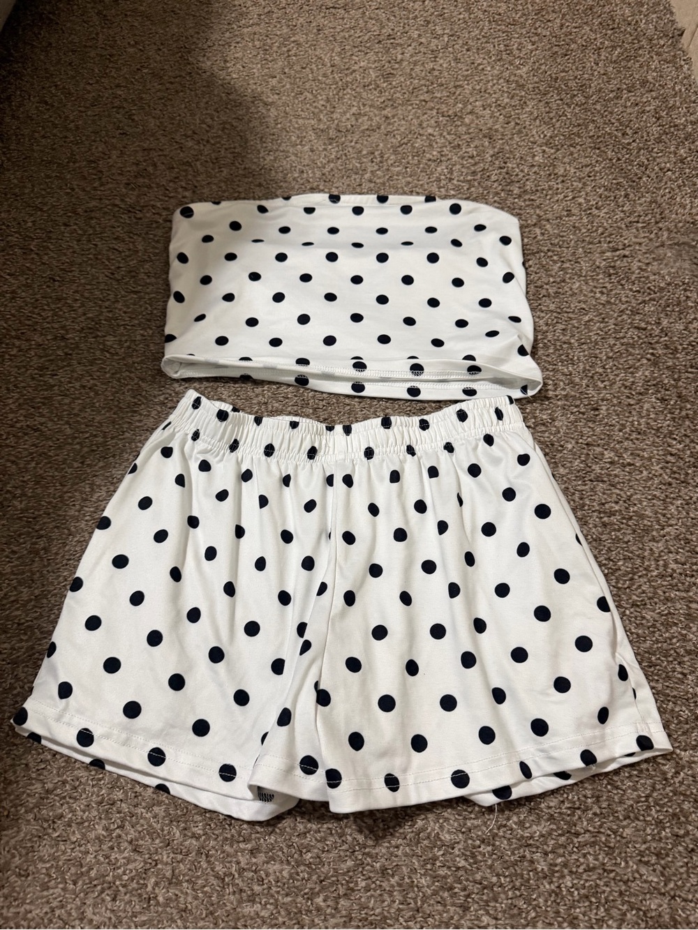 White & Black Polka Dot Tube Top and Shorts Set